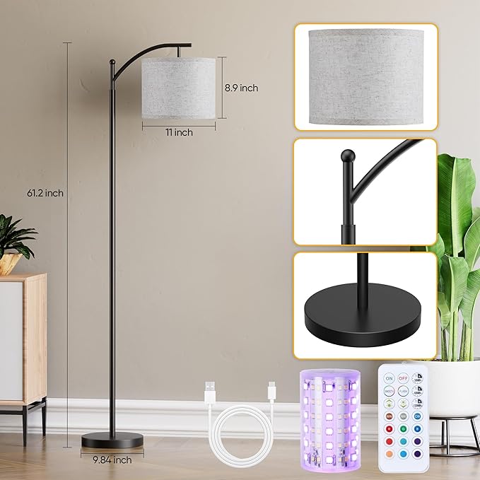 Battery Operated Floor Lamp, RGB Dimmable Cordless Standing Lamp with Remote Control for Living Room, Tall Floor Lamp for Bedroom