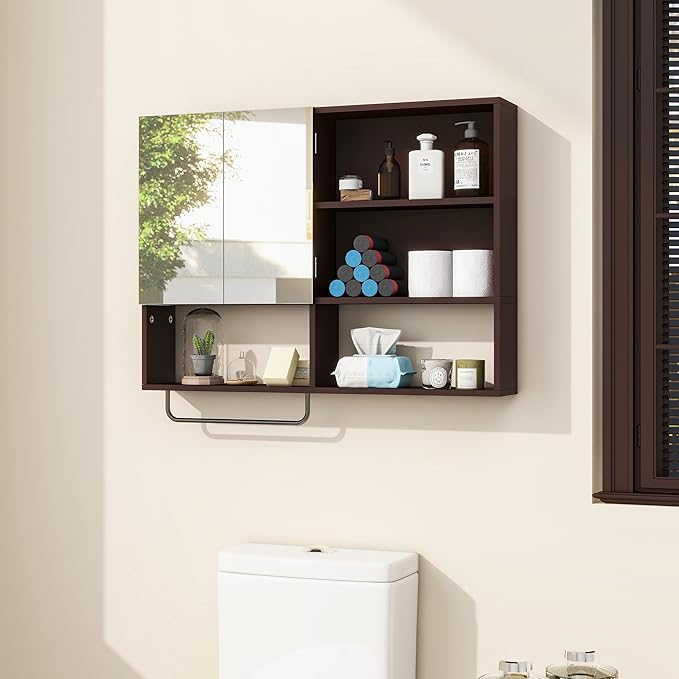 Wooden Bathroom Organizers, Over The Toilet Storage Cabinet with 2 Doors, Adjustable Shelves & Towel Bar, Wall Mounted Medicine Cabinet for Laundry with Mirror, Espresso