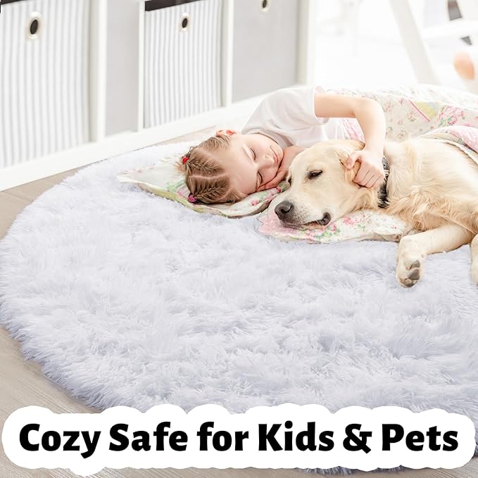 Amdrebio White Fluffy Round Rug 4Ft for Bedroom Aesthetic, Washable Fuzzy Fur Circle Area Rugs for Living Room, Plush Soft Shaggy Carpet for Nursery Dorm, Cute Kids Room Decor for Baby Teen Girls