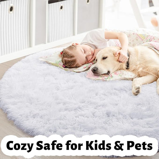 White Round Rug 6Ft for Bedroom, Washable Circle Area Rugs for Living Room, Large Soft Fluffy Shaggy Carpet for Teen Girls Boys, Kids Home Decor Aesthetic, Plush Throw Rugs for Dorm Nursery Playroom