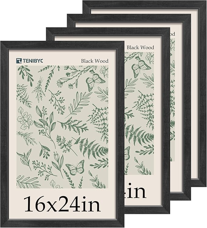 16x24 Picture Frame Set - 4 Pack, Classic Black Wood Grain, Wall Hanging Poster Frame for Photos, Posters, paintings & puzzles