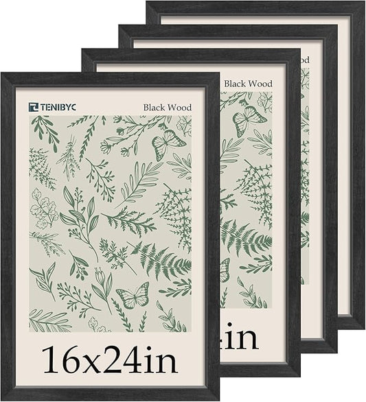 16x24 Picture Frame Set - 4 Pack, Classic Black Wood Grain, Wall Hanging Poster Frame for Photos, Posters, paintings & puzzles