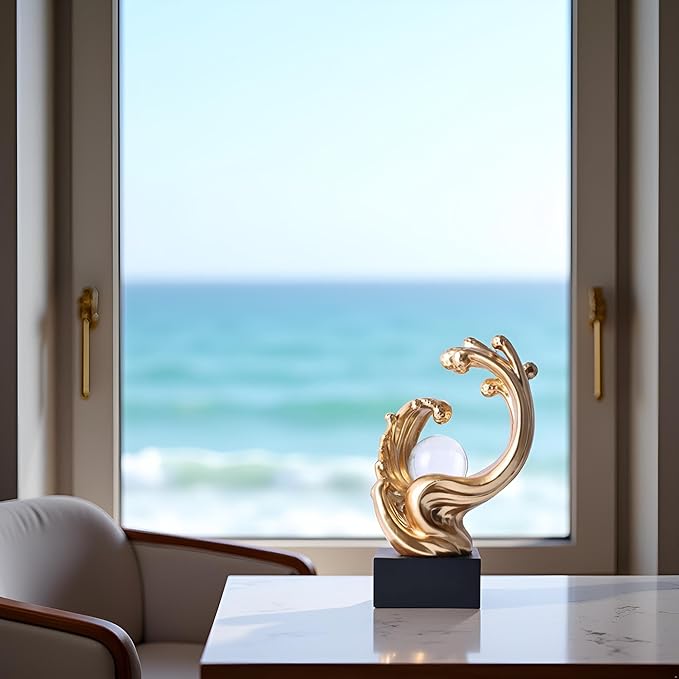 Modern Abstract Decorative Wave Statue, Gold Abstract Art Home Decor,Crystal Ball Art Wave Resin Sculpture, Office Desk Stand, Dining Table Center Decorative Aesthetics (Gold)