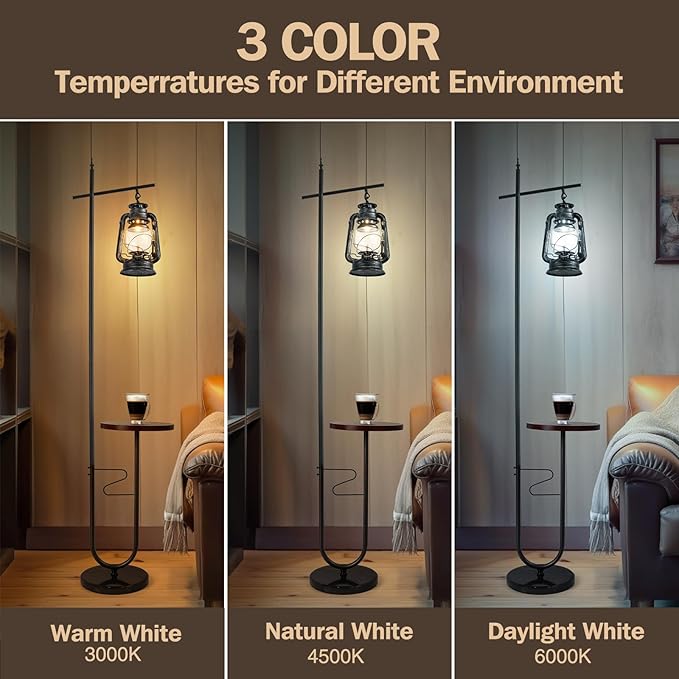 Vintage Floor Lamp with Table,Classical Lantern Standing Rustic Farmhouse Nightstand Hanging Arc Floor Lamp with Black Silver Finish,for Living Room,Bedroom,Reading Room(Silver)