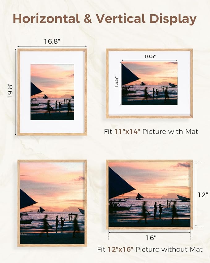 Marsmiles 16x20 Wooden Picture Frame, USA-Sourced Natural Oak Solid Wood Photo Frame with Real Glass for Display Pictures 11x14 with Mat or 16x20 without Mat, Natural, 1 Pack