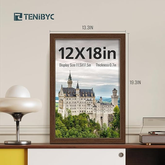 12x18 Frame Set of 4 - Brown Grain, Natural Wood & HD Tempered Glass, 12x18 Poster Frame, Vertical & Horizontal Wall Hanging