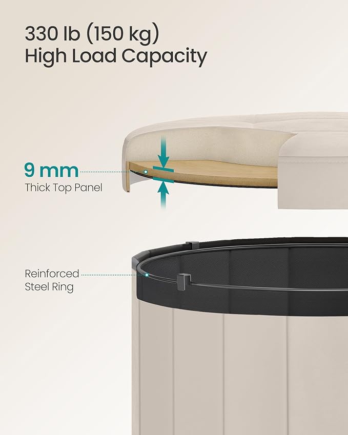 SONGMICS Mazie Collection - Round Storage Ottoman, Folding Footrest Stool with Removable Lid, Easy Assembly, Velvet Vanity Stool for Bedroom, Living Room, Entryway, Cappuccino Beige ULSF608L01