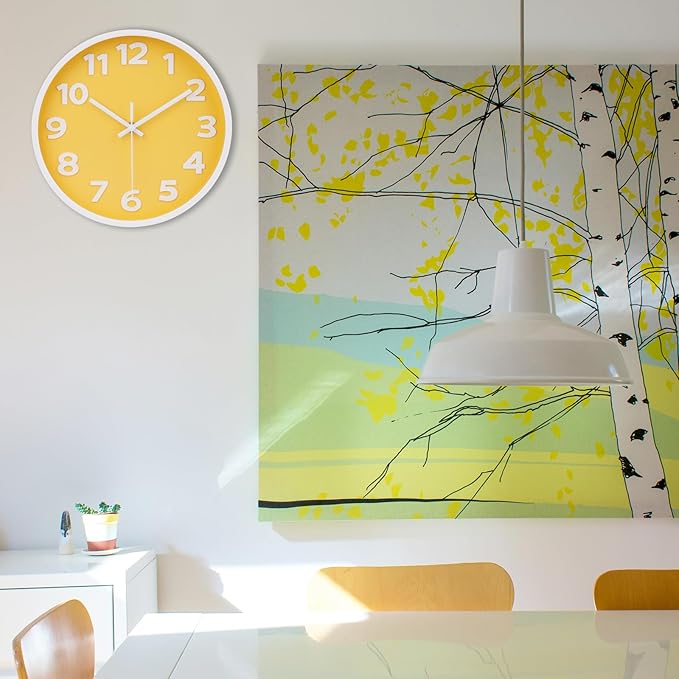 10 Inch Yellow Modern Wall Clock Silent Non-Ticking Battery Operated Wall Clocks for Home Office School Decor,3D Numbers Easy to Read