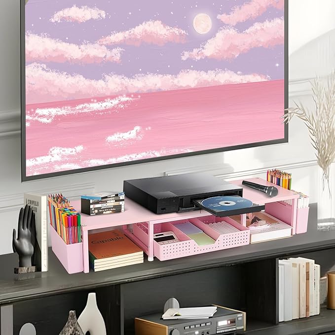 Desk Dual Monitor Stand Riser - Wood Desk Organizer with Drawer and Pen Holders, Office Desk Accessories & Workspace Organization, Computer Monitor Stand for Laptop Printer, Girl Pink