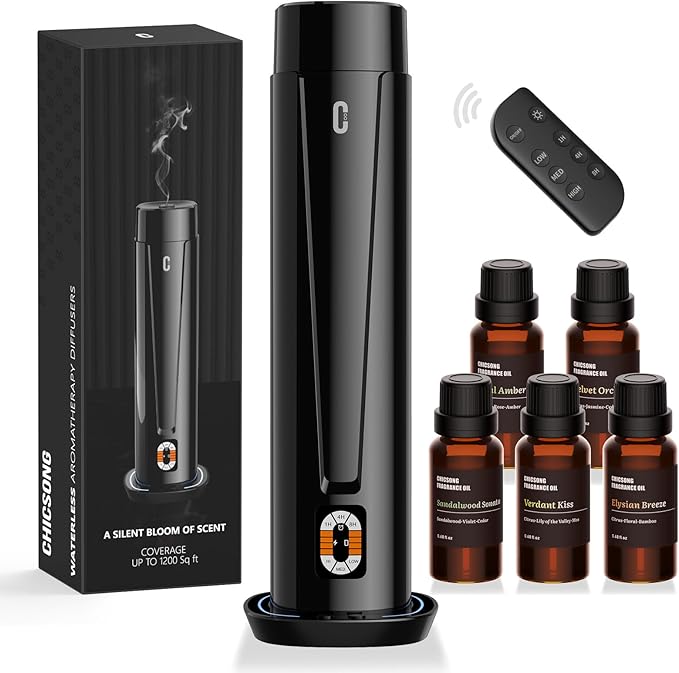 Waterless Scent Diffuser – 1200 Sq Ft Coverage, Essential Oil Diffuser with Remote Control, Quiet Aromatherapy Diffuser with LED Light & Timer, Scent Air Machine for Home, Office, Hotel