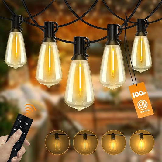 100FT Outdoor String Lights with Remote Patio Lights for Outside 52 Shatterproof Waterproof ST38 Edison Bulbs, Dimmable String Lights for Backyard Porch Bistro Party Decor, Warm White 2200k