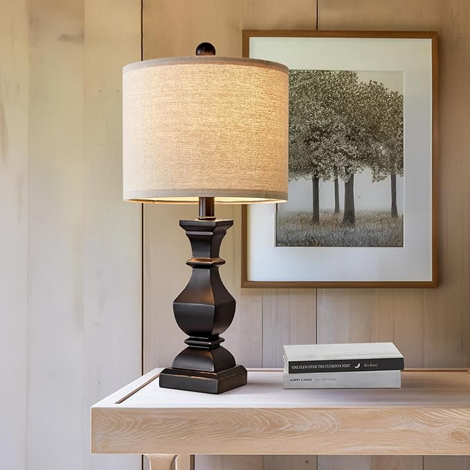 PoKat 20.5'' Bedside Table Lamp for Bedroom Nightstand - Farmhouse Lamp for Living Room, Black Night Stand Light Lamp with Round Linen Shade, Vintage Bedroom Lamp, Suitable for Small Place