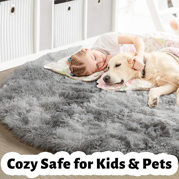 Amdrebio Tie-Dye Light Grey Round Circle Area Rugs 5Ft for Living Room Bedroom, Soft Fluffy Fuzzy Shag Rug for Kids Room Home Office, Furry Plush Indoor Floor Shaggy Gray Carpet for Baby Nursery Dorm