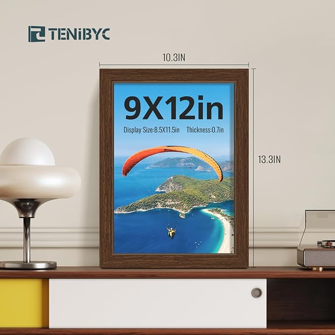 9x12 Picture Frame 4 Pack - Brown Woodgrain, HD Tempered Glass, 9 x 12 Photo Frame, Table or Wall Display, Holiday Decoration