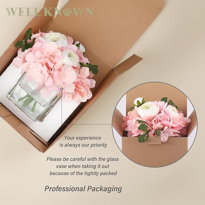 WELL KNOWN Fake Flowers in Vase, Hydrangea Ranunculus Artificial Flowers with Vase, Silk Faux Floral with Faux Water Arrangements Centerpiece for Office Dining Table Home Hotel Wedding Decor (Pink)