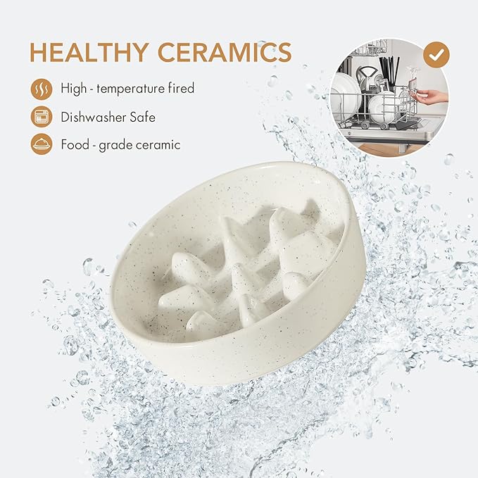 Ceramic Raised Slow Feeder Dog Food and Water Bowl Set for Fast Eaters, Elevated 6.1inch Bowl and 6.1inch Dish with Acacia Wood Stand for Small Dogs (2 x Vanilla White+ Stand)