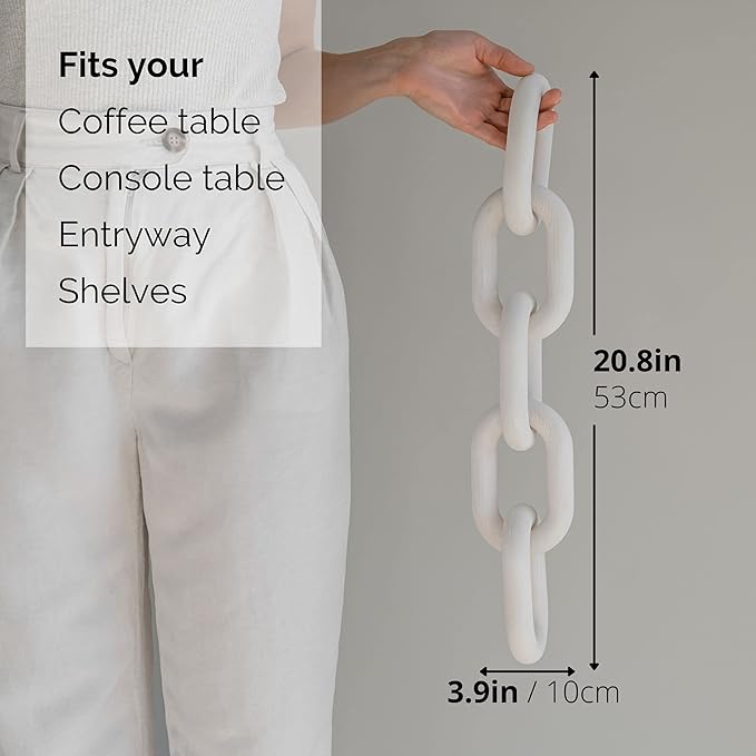 Wood Chain Link Decor - White Wooden Decorative Objects for Shelves, Coffee Table Sculpture, Book Shelf Accessories, Modern Shelf Decor Accents, Console or Entryway Table Decorations