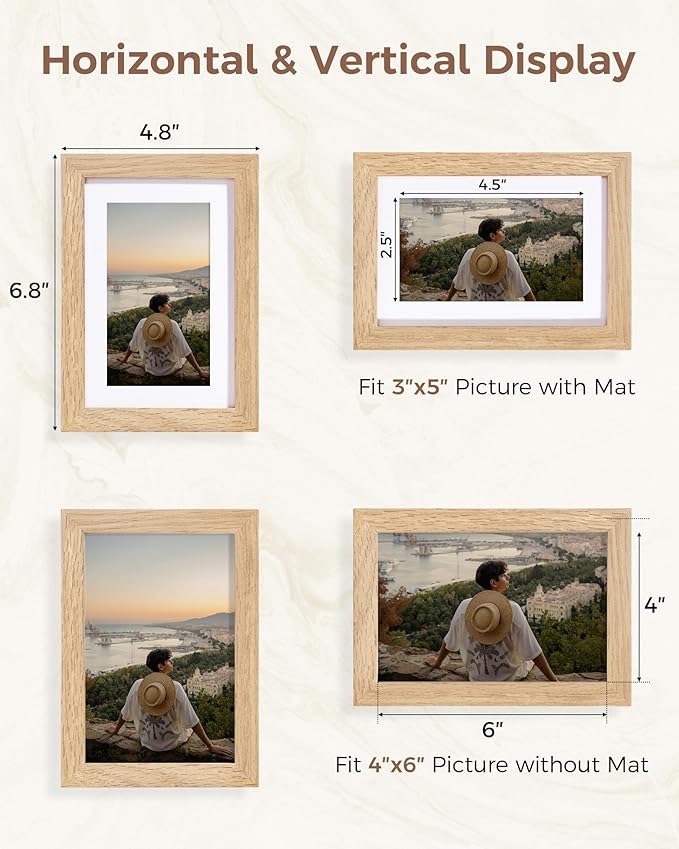 Marsmiles 4x6 Wooden Picture Frame, USA-Sourced Natural Oak Solid Wood Photo Frame with Plexiglass for Display Pictures 3x5 with Mat or 4x6 without Mat, Natural, 3 Pack