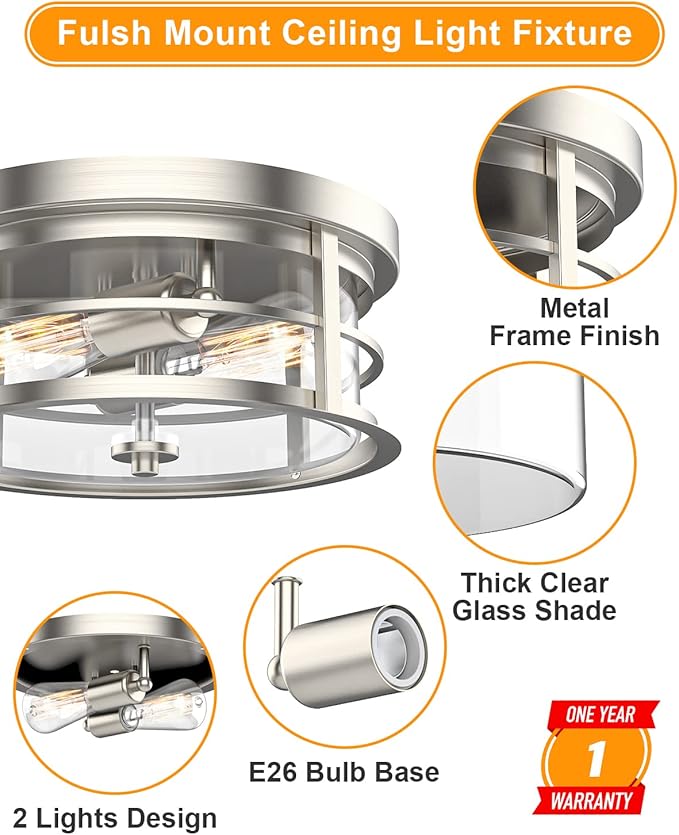 EAPUDUN Flush Mount Ceiling Light, 12inch 2-Light Modern Close to Ceiling Light Fixture, Brushed Nickel Finish with Clear Glass Shade for Hallway Entryway Bedroom Porch FMA1412-BNK
