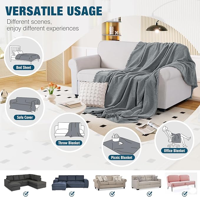 KinCam Couch Covers for 3-4 Cushion Couch Sofa Cover Washable Sectional Couch Cover for Dogs Tassel Sofa Blanket Cover Pet Friendly Soft and Durable for Most Furniture(71" x 150", Grey)