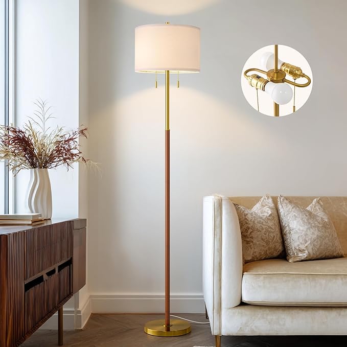 61" Wood Floor Lamp 2-Light for Living Room Standing Tall Lamps Mid Century Modern Floor Lamps for Bedroom Office Nursery Corner Industrial Reading Room Lamp, 3 Color Temperatures 9W Bulbs Included