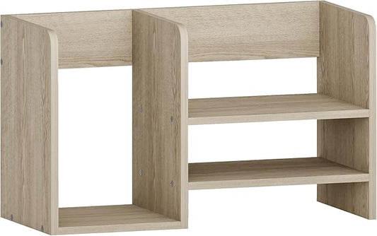 Wood 2 Toer Desk Organizer, Standing File Organizer with Three Storage Apartments, Desktop Storage Organizer for Desk, Office, Classroom, Brown