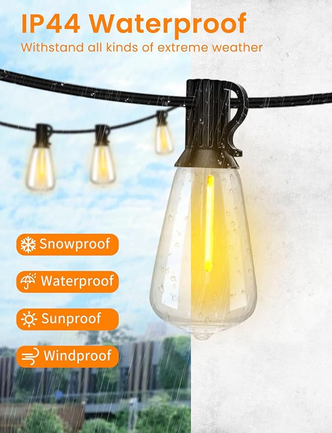 100FT Outdoor String Lights with Remote Patio Lights for Outside 52 Shatterproof Waterproof ST38 Edison Bulbs, Dimmable String Lights for Backyard Porch Bistro Party Decor, Warm White 2200k