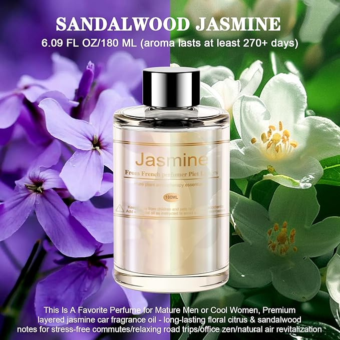 Car Air Freshener Refill for Men & Women 6.09 FL OZ /180ML - 9 Month Jasmine Scent Essential Oil Perfume, Essential Oil Made of Natural Plant Extracts, Compatible with Car Diffusers for Home/Office