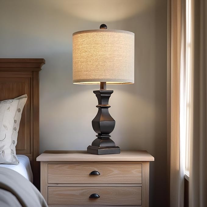 PoKat 20.5'' Bedside Table Lamp for Bedroom Nightstand - Farmhouse Lamp for Living Room, Black Night Stand Light Lamp with Round Linen Shade, Vintage Bedroom Lamp, Suitable for Small Place