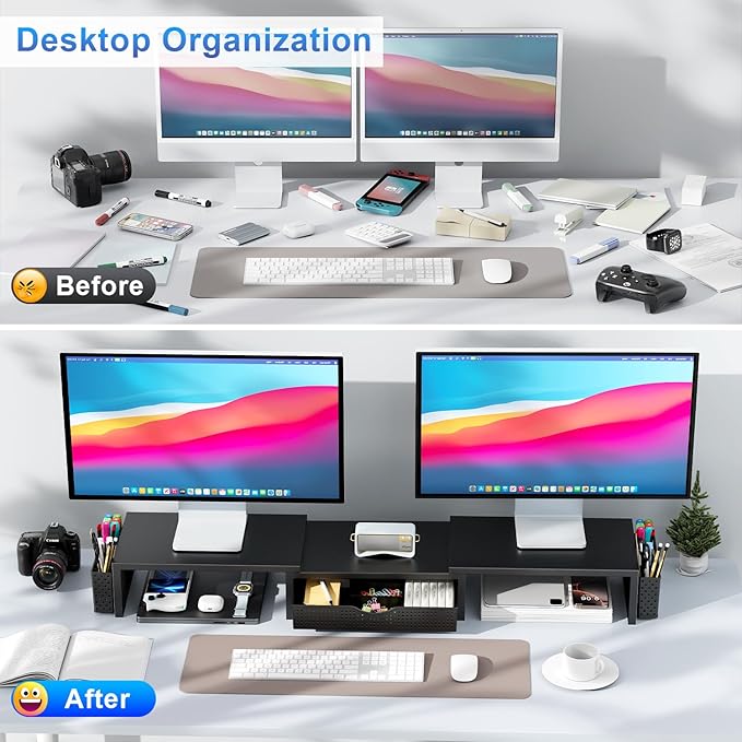 gianotter Dual Monitor Stand Riser, Desk Organizer With Drawer and 2 Pen Holders, Computer Monitor Stand, Shelf for Top of Desk, Black