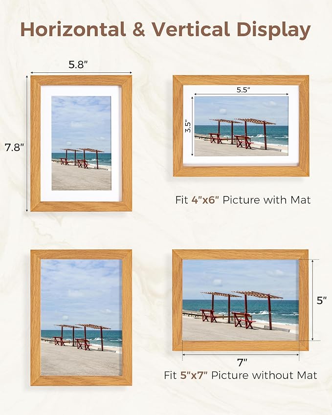 Marsmiles 5x7 Wooden Picture Frame, USA-Sourced Natural Oak Solid Wood Photo Frame with Plexiglass for Display Pictures 4x6 with Mat or 5x7 without Mat, Teak, 1 Pack