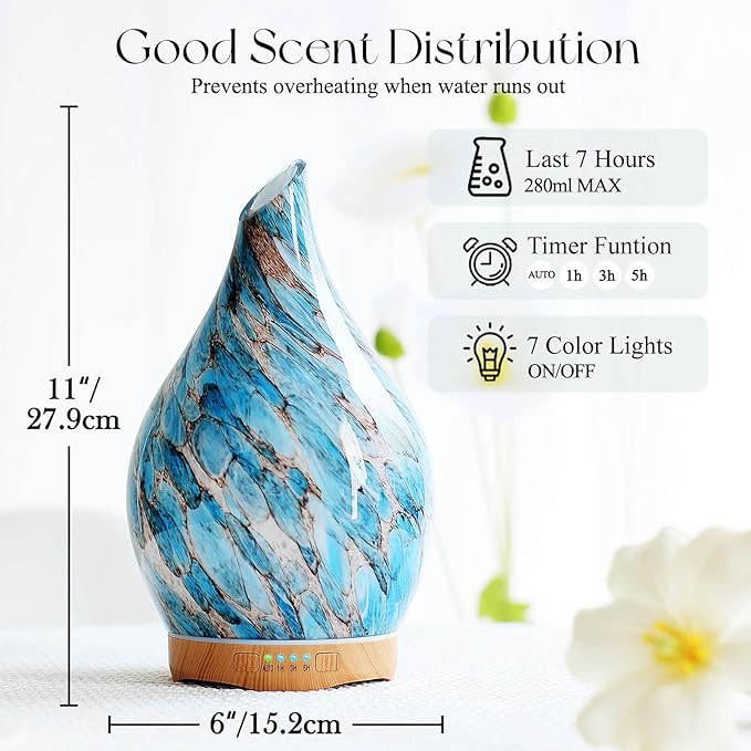 Porseme 280ml Essential Oil Diffuser Glass Color Changing Aroma Air Diffusers Aromatherapy Ultrasonic Cool Mist Humidifier with Remote Control 7 Running Hours Waterless Auto-Off (Light Blue)