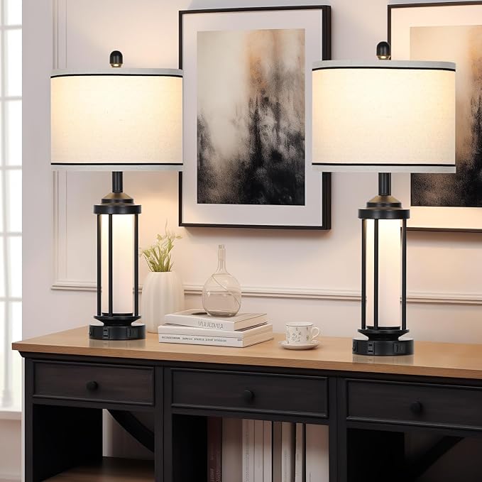 Table Lamps for Living Room Set of 2, Black Farmhouse Rustic Industrial Table Lamp with USB A+C Charging Ports & AC Outlet, 27" Modern Table Lamps with LED Night Light & Linen Fabric Lampshade