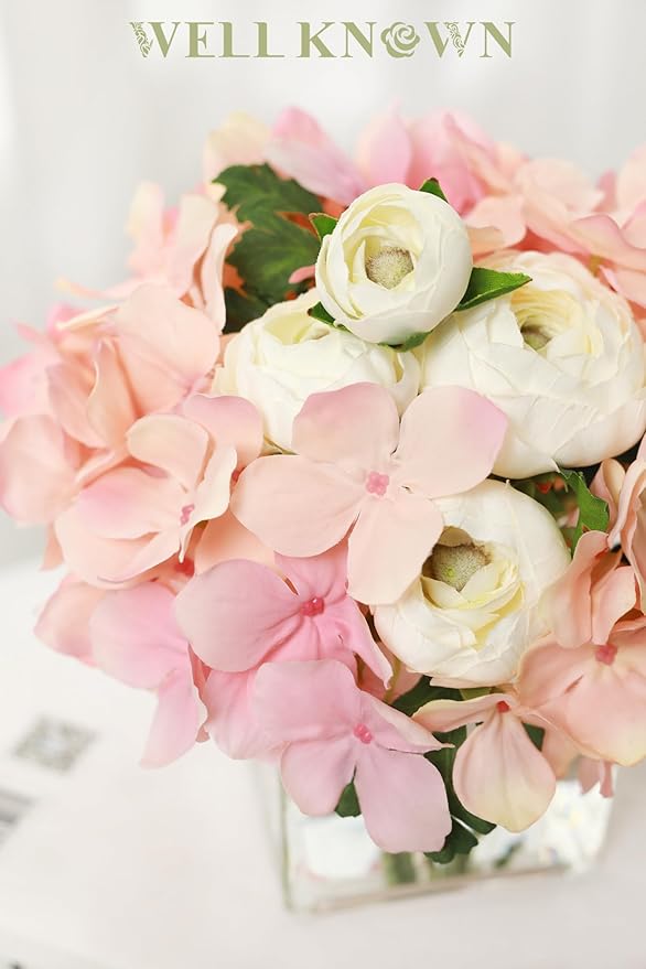 WELL KNOWN Fake Flowers in Vase, Hydrangea Ranunculus Artificial Flowers with Vase, Silk Faux Floral with Faux Water Arrangements Centerpiece for Office Dining Table Home Hotel Wedding Decor (Pink)