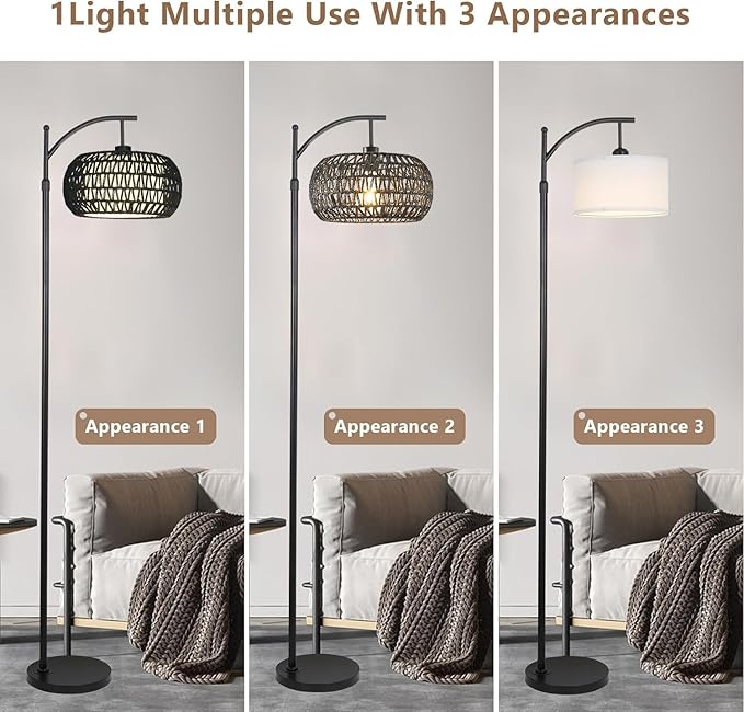 Arc Floor Lamp with 3 Color Temperatures,Black Floor Lamp with Remote Control, Boho Standing Lamp with Rattan Wicker Shades, Farmhouse Tall Pole Lamp for Living Room Bedroom