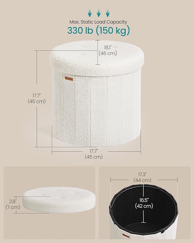 SONGMICS Mazie Collection - Round Storage Ottoman, Folding Footrest Stool with Removable Lid, Easy Assembly, Teddy Fleece Vanity Stool for Bedroom, Living Room, Entryway, Cream White ULSF606W01
