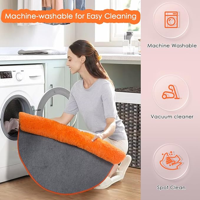 Amdrebio Orange Round Circle Rug 5Ft for Bedroom Living Room, Fluffy Fuzzy Shaggy Area Rugs for Kids Room Decor Aesthetic, Cute Furry Plush Shag Carpet for Baby Nursery Dorm Playroom, Teen Girls Boys