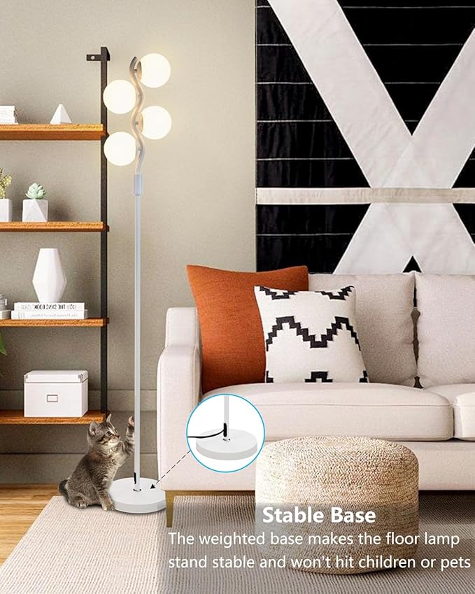 White Globe Floor Lamp Dimmable Tall Standing Lamps with Soft Warm White 3000K Bulbs, Mid Century Modern Floor Lamp for Living Room Bedroom Home Decor