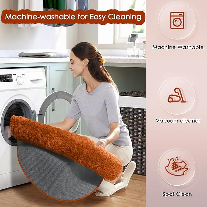 Amdrebio Burnt Orange Round Circle Rug 5Ft for Bedroom Living Room, Fluffy Fuzzy Shaggy Furry Area Rugs for Kids Room Decor Aesthetic, Cute Plush Shag Dark Orange Carpet for Nursery Dorm Classroom