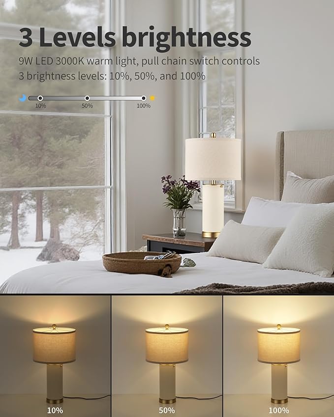 KDG 23.4" White PU Leather Table Lamps for Living Room Set of 2, 3 Level Brightness LED Modern Home Decor Fabric Lampshade Desk Lamp Lighitng for Bedroom, Bedside, Farmhouse, Nightstand, Night Light