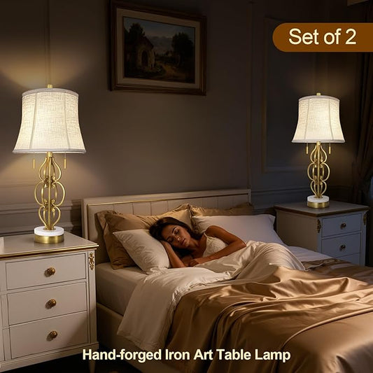 Scenekoy Table Lamp Set of 2 with USB Ports, Pull Chains Switch, 28” Gold Leaf Curved Iron Art Bedside Lamps with Linen Shade for Living Room Bedroom, Nightstand Lamps for Home Room Decor
