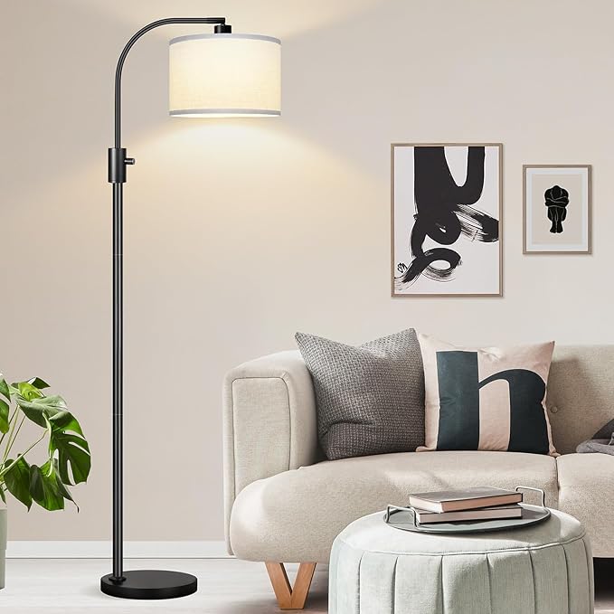 [Upgraded] Dimmable Floor Lamp, 1200 Lumens LED Edison Bulb Included, Arc Floor Lamps for Living Room Modern Standing Lamp with White Shade, Black Tall Lamp for Living Room Bedroom Office Dining Room