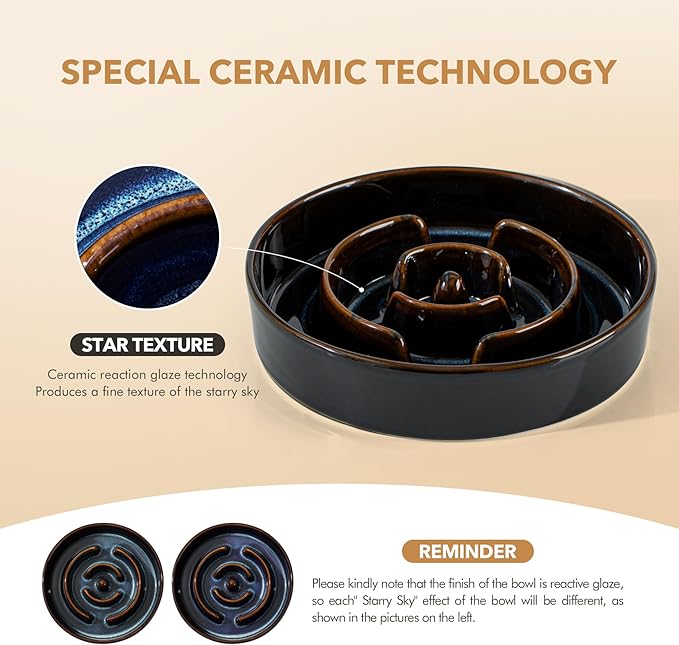Ceramic 9.5inch Dog Bowl Slow Feeder for Large Dog, Pet Slow Dish, Stop Bloat, Preventing Choking(Single Bowl, Starry Sky)