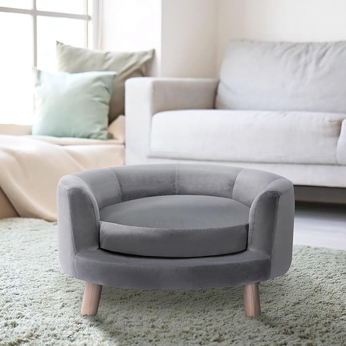 CRITTER SITTERS 28-In. Faux-Velvet Gray Dog Couch for Small to Medium-Sized Dogs, Modern and Stylish Elevated Dog Bed, Durable and Comfortable Pet Beds