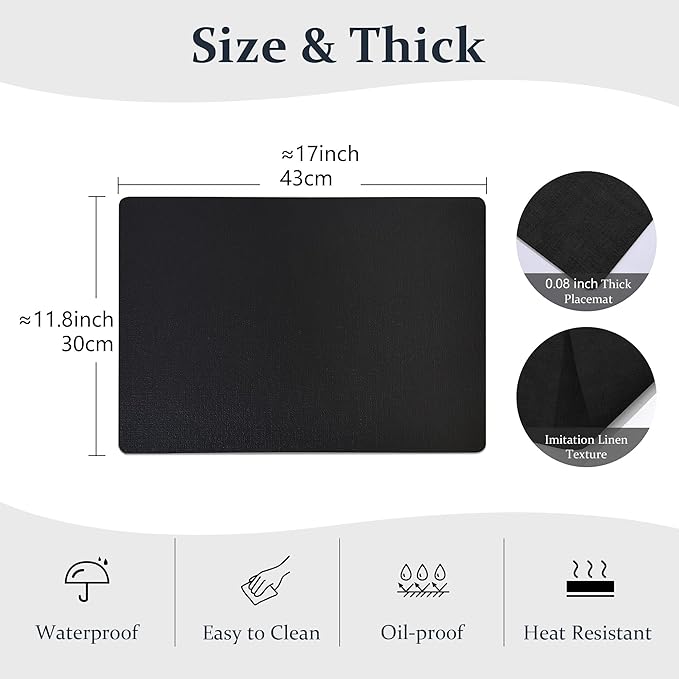FROMHEART Faux Leather Placemats Set of 8–Waterproof,Heat/Oil Stain-Resistant PU Table Mat–Reversible,Non-Slip,Easy to Clean Place Mats for Kitchen,Dining,Indoor/Outdoor,(Black,11.8" x 17")
