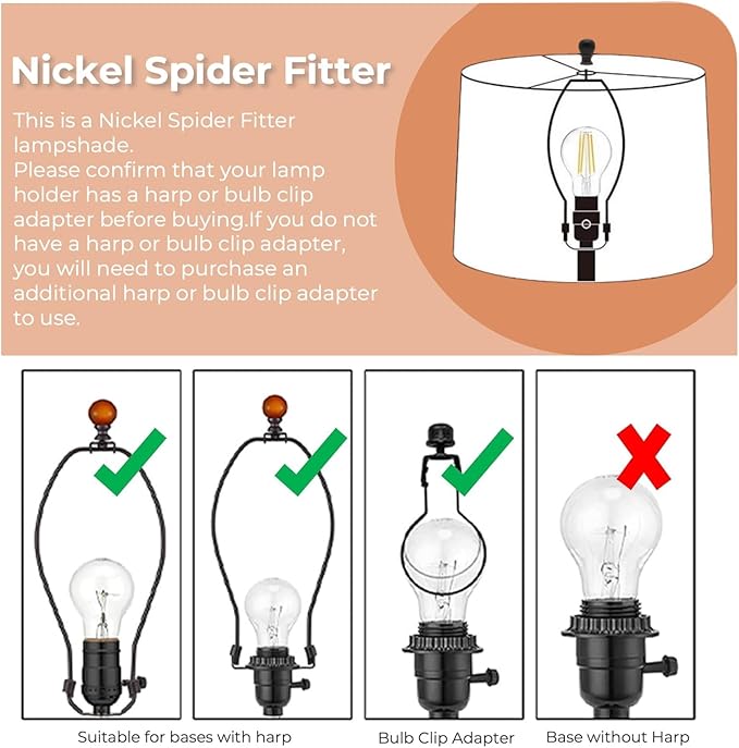 White 8" W x 9" H Drum Lampshades, No Assembly Required, Fabric Lampshade for Table Lamp, Bedside Lamp, Floor Lamp, Metal Spider Fitter