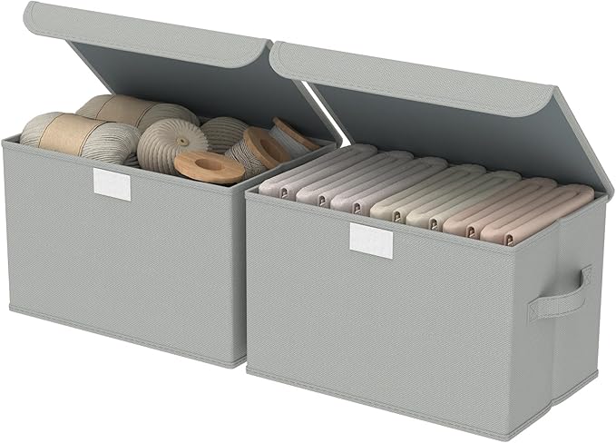 Foldable Storage Bin, Cube Organizer Basket with Flip-Top Lid and 2 Handles, Decorative Boxes for Shelves with Cover for Clothes, Towels, Blanket, 2 Pack, Grey, 13 x 9 x 7.9 In, XSNY12GM-2