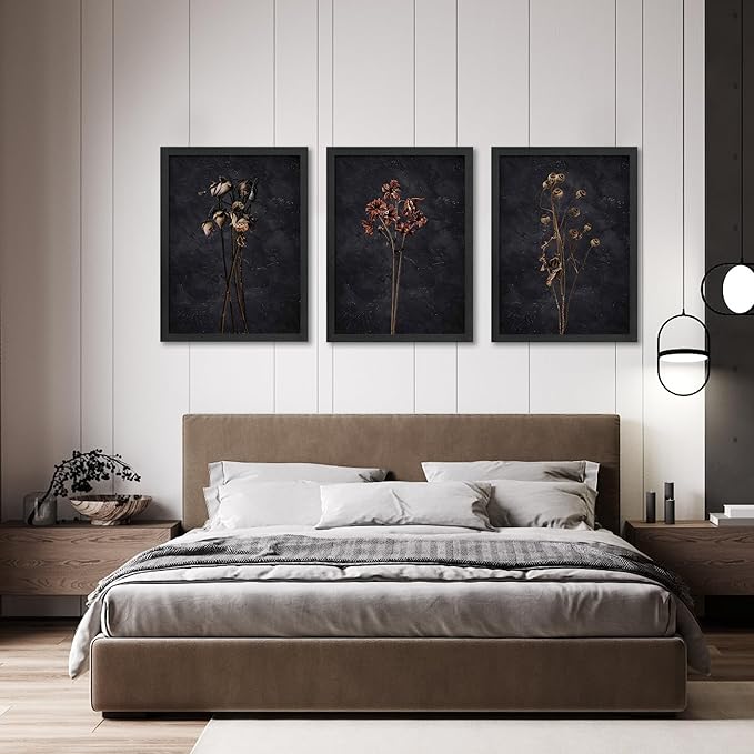 arfitest Vintage Flower Wall Art Dark Moody Wildflower Wall Decoration Minimalist Wildflower Frame Wall Decoration 12''x16'' Inch Set of 3 Black Photo Frames