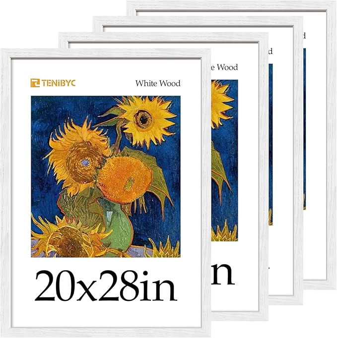 20x28 Picture Frame 4 Pack - White Solid Wood Poster Photo Frame - Woodgrain Series - Room, Office, Gallery, Studio Display - Wall Hanging