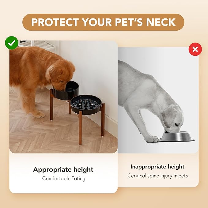 Ceramic Raised Slow Feeder Dog Bowl Set, Elevated 8.2inch Bowl and 9.5inch Slow Feeder Dish with Acacia Wood Stand for Large Dog, Preventing Choking(2X Starry Sky+ Stand)